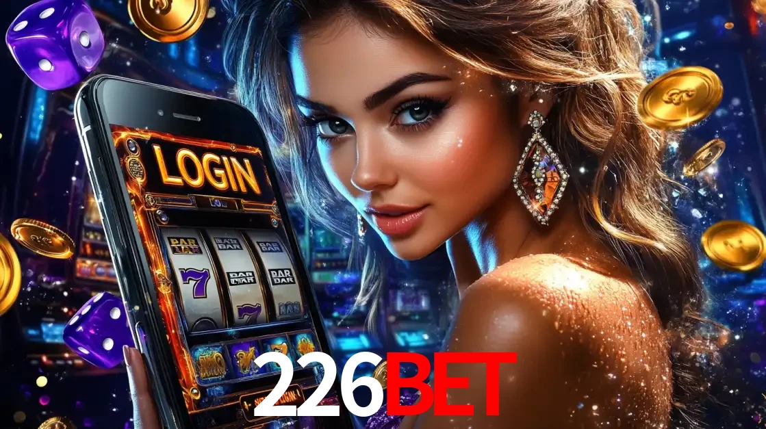 Mulher glamorosa segurando um smartphone com a tela de login para os jogos de caça-níqueis do cassino online 226bet, com moedas de ouro e dados ao redor.