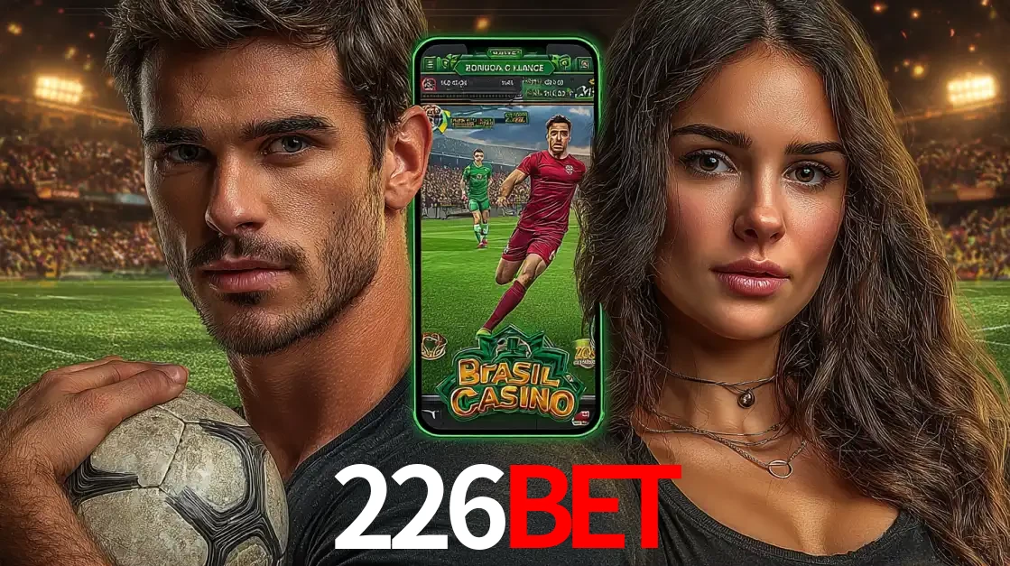 Homem segurando uma bola de futebol e uma mulher ao lado de um smartphone exibindo o jogo de apostas esportivas da 226bet. Faça seu palpite no cassino online.